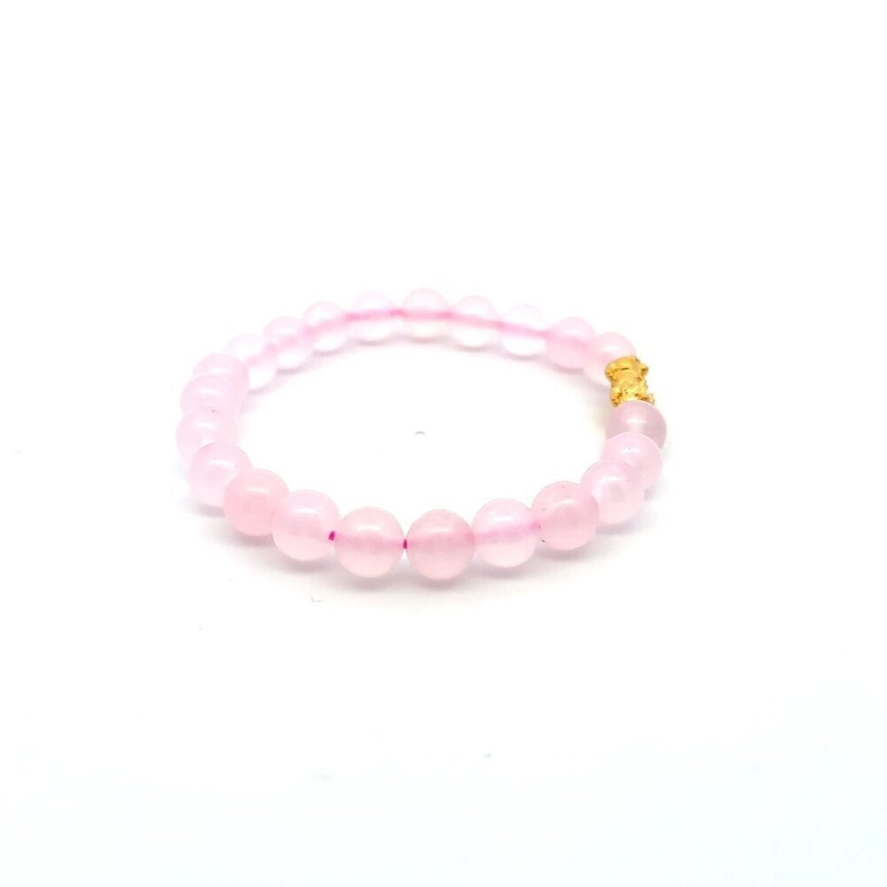 Natural Rose Quartz 8mm Stretchable Bracelet Size 6.75" 24K Gold Dragon Piyao - Picture 2 of 4